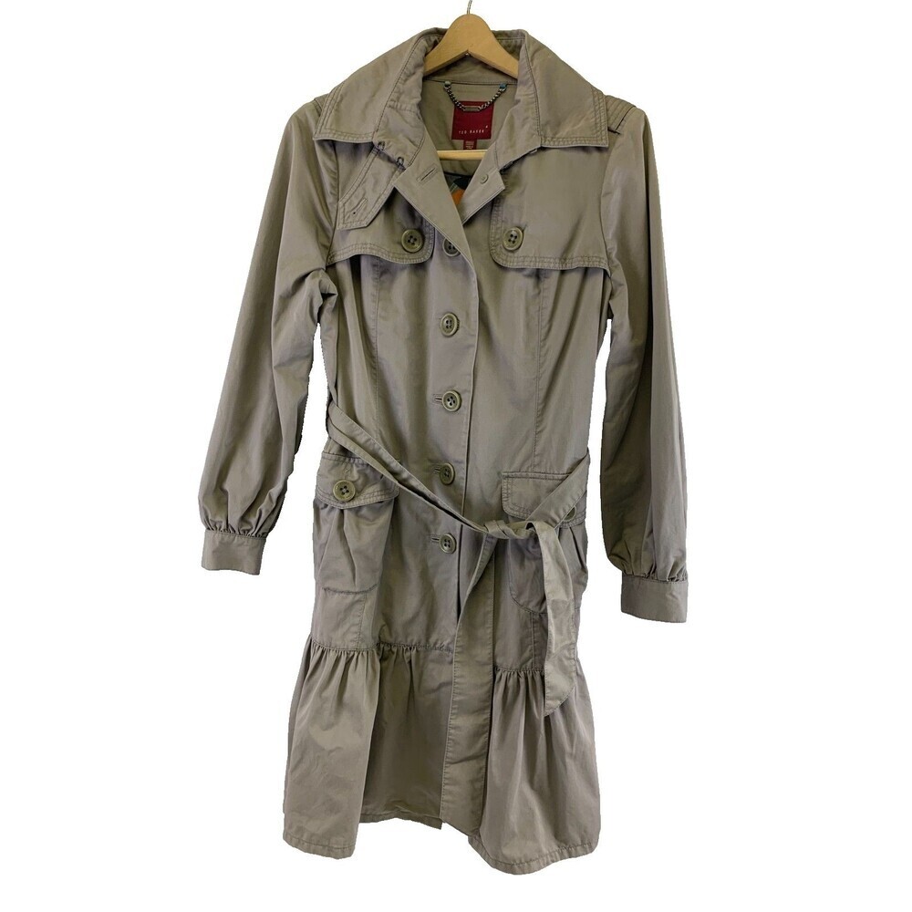 Ted Baker Ruffle Trench Coat Belted Jacket Button Collared Gray Cotton Womens 4